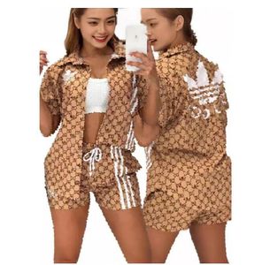 Women's Woven Fabric Tracksuits co-Branding Sports Suit Designer Fashion Printed Shirt+Jogger Shorts Two-Piece Set