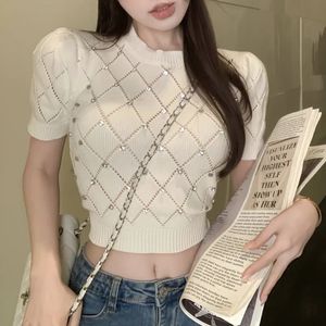 Frühling Womens Crop Top Koreaner Retro-T-Shirt-Stick kurzarm Elastic T-Shirt 240515