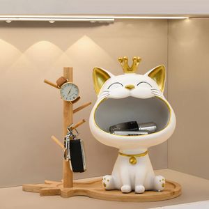 Fortune Cat Key Holder Figuriningång Hantverk Harts Storage Box Big Mouth Lucky Table Sculpture Living Room Desk Decor 240517