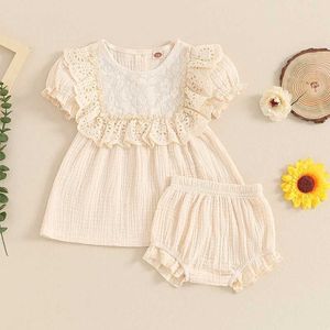 Conjuntos de roupas FocusNorm 0-24M Cute menina menina de verão Conjunto de roupas de 2 peças Mangas de vôo com renda vestido bordado top pp conjunto de shorts j240518