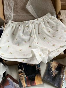 Women's Shorts Cotton Floral Waffle Thick Women High Waist Straight Sweatshorts Summer Streetwear Sweet Short Pants Home Underwear