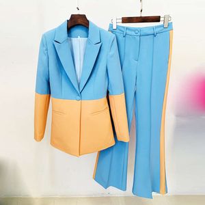 여자 양복 블레이저스 스타 패션 새 세트 1 개의 버튼 대비 컬러 블록 정장+벨 바지 2 조각