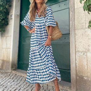 Kobiety Summer Fashion Geometryczne nadruk dekolt koronkowy bąbelek średniego śluzu średniego szwu Big huśtawka długa sukienka Losse 240518