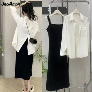 Work Dresses Women Summer Sunscreen Shirts Tank Dress Two Piece Set Korean Lady Casual Loose Thin Blouse Black Midi Outfits 2024