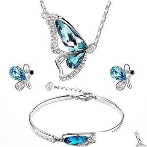 Armband örhängen halsband kristall bröllop smyckesuppsättningar för brudar fjäril studset mode damer kvinnor flickor smycken sier blu dhues