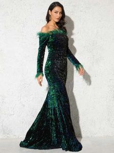 Runway Dresses Sparkle Grn Feathers Sequin Maxi Cocktail Dress Mermaid Off The Shoulder Long Slve Stretch Wedding Party Gown Dresses 2024 T240518