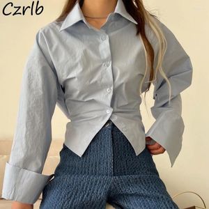 Women's Blouses Solid Chiffon Shirts Women Criss-cross Drawstring Backless Trendy Design Turn-down Collar Single Breasted Ladies Crop Tops