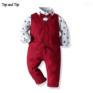 Casados sets de topo e moda Gentleman Gentleman Conjunto de manga comprida Bowtie Romper Camisa Campa de colete 3pcs Suit de roupas infantis