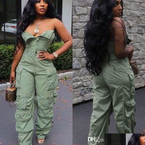 Womens Jumpsuits Rompers Sexy Party Streetwear Jumpsuit Bodysuit Spring Strapless Button Front Ruched Mti Pocket Cargo Pants Work S Dhhob