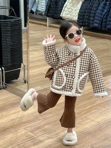 Jackets Girls Coat Top Childrens Clothing 2024 Winter Korean Style Cotton-padded Small Fragrance Wind Standing Collar Check