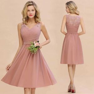 Runway Dresses Dusty Rose Chiffon Lace Bridesmaid Dresses Pleat V Neck Short Formal Wedding Evening Party Prom Gown for Bride Cocktail Vestidos T240518