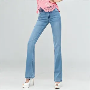 Kvinnors jeans högkvalitativa främjande kvinnors sommar tunna flickor denim boot cut byxor långa flares byxor