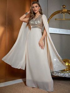 Runway Dresses TOLN Women Floor-Length Dresses V-neck apricot sequin evening dress elegant cloak slve heavy industry dinner dress T240518