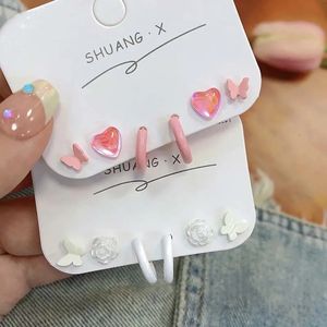 Korean Pink Heart Butterfly Flower Stud Earrings for Women Girls Sweet Cute Mini Small Circle Piercing Set Jewelry 240511