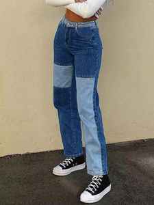 Kvinnors jeans Y2K Street ColorBlock Splicing High midjen Slant Ficka raka ben Casual denimbyxor
