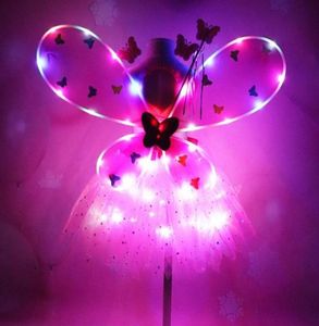Girl Led Butterfly Wings Set With Glow Tutu Skirt Fairy Wand Bandy Princess Light Up Party Carnival Fantas