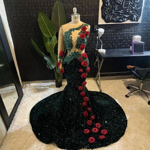 Hunter Green Prom Dresses for Black Women Illusion Velvet Promdress for Special Occasions Appliqued Beaded Lace Flowers Rhinestones Decorated Birthday Gown AM968