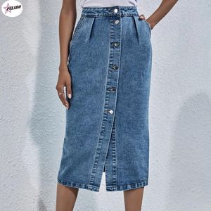 Spódnice pulabo niebieska jeansowa spódnica midi letnia kobiety wysoki pasek z kieszeniem panie umyte vintage streetwear dżins
