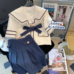 Arbeitskleider Frauen Blue Navy Kragen Kurzarm Tops plisdern halbkörperrock zweiteils set lässiger koreanischer Modes Baggy Damen Anzug Sommer