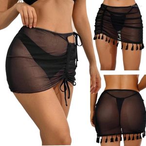 Kobiety moda czarne mini marszone spódnice ukrycia bikini seksowne koronkowe sheer plażowe opakowanie kąpielowe kąpielowe stroje kąpielowe s-2xl