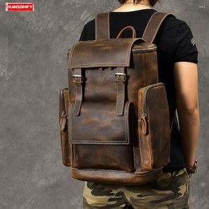 Backpack Cowhide Leather Men's Vintage Large Capacity 15-17 Inch Laptop Bag Men Travel Backpacks Black Brown School