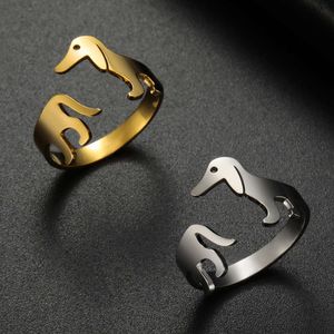 Cute Sausage Dog Adjustable Stainless Steel Gold Color Lovely Animal Open Finger Ring For Women Couple Jewelry Gifts