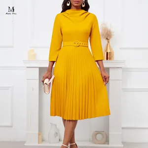 Casual Dresses Chic Pleated Midi Dress For Women Solid A-line Winter Spring Clothing Plus Size Elegant Long With Belt