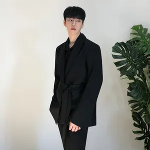 Men's Suits /men's Wear 2024 Autumn Casual Black Suit Loose Coat Self-cultivation Trend Handsome Small Blazers With Belt Design 9Y90001