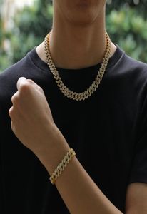 12mm Miami Cuban Link Chain Necklace Armband Set för Mens Bling Hip Hop Iced Out Diamond Gold Silver Rapper Chains Women Luxury 8721254