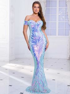 Runway Dresses Elegant Light Blue Sequined Shiny Evening Dress Off Shoulder Hot Bridesmaids Prom Gown T240518