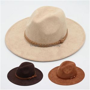 Party Hats New Casual Suede Fabric Fedora Winter Autumn Wide Brim Men Dress Hat Classic Church Women Jazz Flat Felt American Drop Deli Otvh1