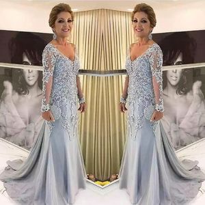 Elegante blaue silberne Mutter der Braut Kleider Langarm 2021 gegen Nackenpodin Abendkleid Hochzeitsfeier Gastkleider Neu 256J