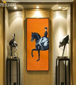 Klassische moderne orangefarbene Pferd Rennen Leinwand Druckmalerei Poster coole Wandkunst Wandbilder für Eingangseingang Großgröße Home Decor LJ27998027