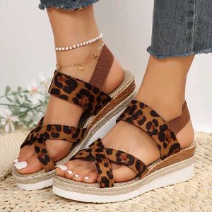 Sandalswomens Leopard Print Wedge Heel Sandaler Slip On Comfy Platform Sandles for Women Casual Open Toe Summer Shoes Mujer H240517