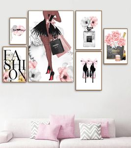 Fashion Poster Frauen Parfüm Make -up Canvas Art Print sexy Lippen Gemälde High Heels Poster Pink Blumen Wandbilder Home Decor3185267