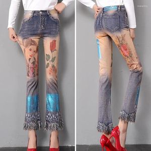 Kvinnors jeans 2024 Summer Autumn Cartoon Graffiti Print denim Kvinnor byxor rippade hål flare byxor unga damer