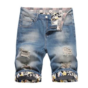 Men's Shorts Summer Vintage Blue Mens Short Jeans Ripped Holes Rolled Up Kn Length Denim Pants Straight Leg Patchworks Jeans T240515
