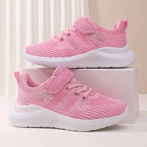 Athletic Outdoor Tennis Shoes Slip On Girls Casual Running Shoe Girls Sneakers Kids Breattable Soft Soled Sports Hook-Loop Outdoor Shoes Woven Y240518