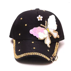 Шариковые кепки Bling Afinestone Beads Sequints Butterfly Baseball для женщин цветочная шляпа шляпа Hip Hop Fashion Sun с металлическим кольцом
