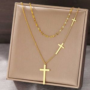 Pendant Necklaces Stainless Steel Necklace Cross Pendant Necklace Multi layer Chain Double Stacked Wear resistant Light Luxury Exquisite Necklace J240516