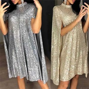 Runway Dresses Sexy Party Sequin Glitter Cloak Dress for Women Fashion Mock Neck Cape Design Long Slve Loose Split Formal Dress Vestidos T240518