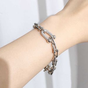 Hot Picking T-style U-shaped horseshoe bamboo joint full diamond bracelet necklace with personalized and fashionable Cuban neutral buckle collarbone chain
