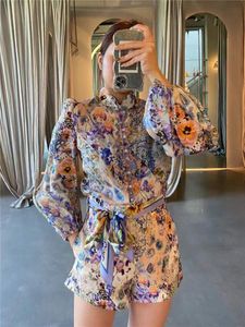 Designer Spring/Summer Retro Flower Print Loose Standing Neck Shirt Top and High Waist Shorts with Ribbon