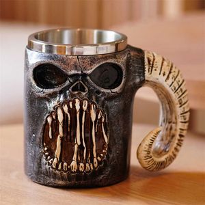 Tumblers New domineering single handle sheep horn roaring skull cup with large capacity 304 stainless steel inner liner for home use as a gift H240518