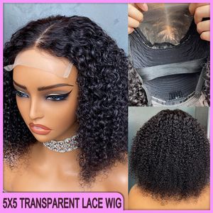 Großhandel brasilianischer peruanischer 12 Zoll natürliches schwarz 100% Jungfrau Remy Human Hair Kinky Curly 5x5 Transparent Spitzenverschluss Perücke