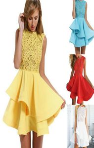 2016 Summer Women Skater Dress Lace Crochet Sheer Sleesess Back Zipper Ruffled Double em camadas mini vestidos brancos plus size4337120