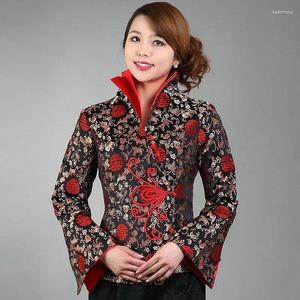 여자 재킷 여성 빈티지 직조 브로케이드 새틴 코트 전통적인 길조 패턴 매듭 버튼 더블 레이어 칼라 의상