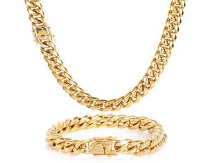 Kubansk länkkedja halsbandsarmband smycken set 18k äkta guldpläterad rostfritt stål miami halsband med design vårspänne3063176