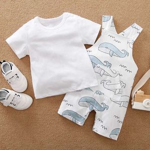 Clothing Sets Cute cartoon whale print cotton for summer boys and girls comfortable baby short sleeved T-shirt+two-piece set with pants J240518