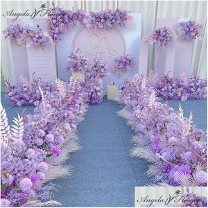 Decorative Flowers Wreaths Purple Artificial Flower Arrangement Wedding Catwalk Road Lead Table Backdrop Layout Party Wall Drop Del Dhgve